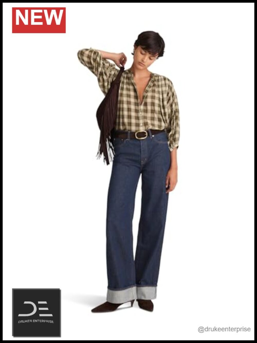 Low Slung Baggy Rinse Cuff Jeans 100% Cotton Women's Wide Leg Non-Stretch